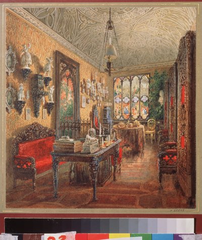 Biuro w Pałacu Jusupowa (Pałac Moika) w Sankt Petersburgu. Praca Wasilija Siemionowicza Sadovnikova (1800-1879), akwarela na papierze, sztuka rosyjska autorstwa Vasili Semenovich Sadovnikov
