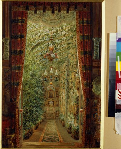 Ogród zimowy Pałacu Jusupowa (Pałac Moika) w Sankt Petersburgu. (Ogród Zimowy w Pałacu Jusupowa w Petersburgu). Praca Wasilija Siemionowicza Sadovnikova (1800-1879), akwarela na papierze autorstwa Vasili Semenovich Sadovnikov