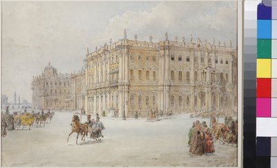 Przejazd cesarza Mikołaja I przez plac pałacowy przez Sadovnikova, Wasilija Siemionowicza (1800-1879). Akwarela na papierze autorstwa Vasili Semenovich Sadovnikov