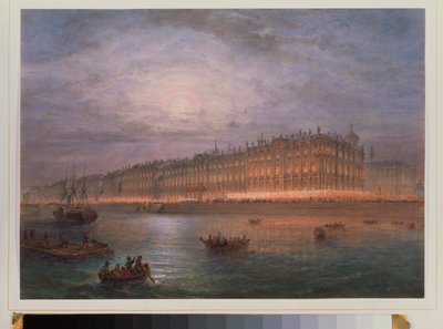 Widok na Pałac Zimowy w nocy (Sankt Petersburg). Praca Wasilija Siemionowicza Sadovnikova (1800-1879), akwarela na papierze. XIX-wieczna sztuka rosyjska. Państwowej Ermitażu w Sankt Petersburgu. autorstwa Vasili Semenovich Sadovnikov