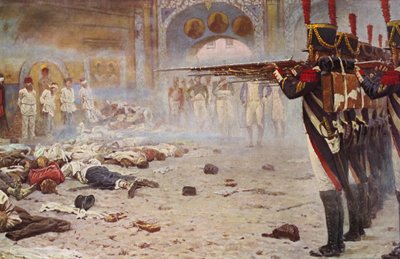 Pluton egzekucyjny rozstrzeliwujący więźniów (kolorowa litografia) autorstwa Vasili Vasilievich Vereshchagin