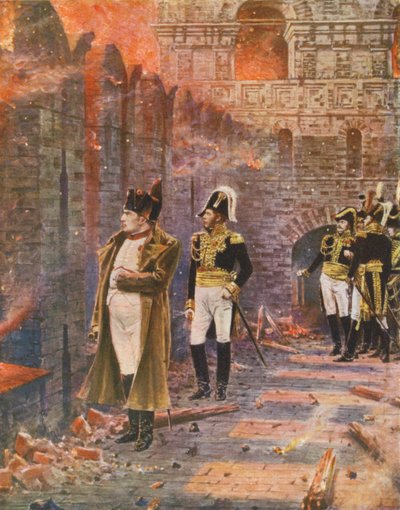 Napoleon obserwujący pożar Moskwy (kolorowa litografia) autorstwa Vasili Vasilievich Vereshchagin