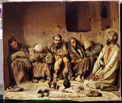 Orientalizm: palacze opium siedzą na ulicy na Bliskim Wschodzie (palacze opium). Obraz Wasilija Wasiljewicza Vereschagin (Vereshchagin, Vereshchagin) (1842-1904) autorstwa Vasili Vasilievich Vereshchagin