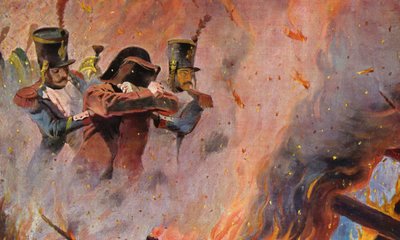 Żołnierze prowadzą Napoleona Bonaparte przez ogień w Moskwie (kolorowa litografia) autorstwa Vasili Vasilievich Vereshchagin