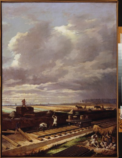 Prace budowlane na linii kolejowej - obraz Vasili Vladimirovich Pukirev (Vassili Poukirev) (1832-1890), olej na płótnie autorstwa Vasili Vladimirovits Pukirev
