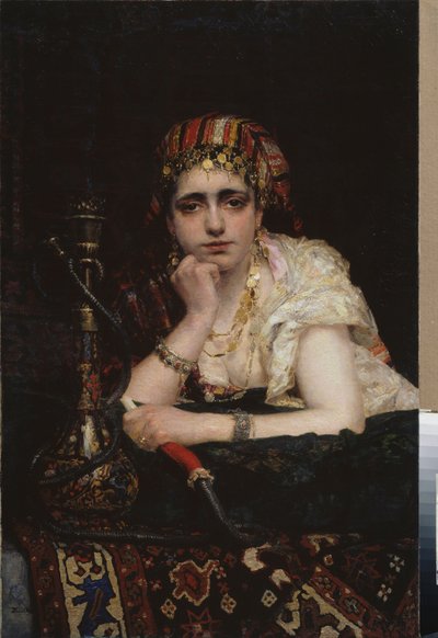 Odaliska. (Portret kobiety z haremu, o melancholijnym spojrzeniu, trzymającej fajkę wodną). Obraz Wasilija Dmitriewicza Polenova (1844-1927), olej na płótnie. XIX-wieczna sztuka rosyjska, orientalizm. Narodowe Muzeum Sztuki Republiki Białoruskiej, Mińsk (B autorstwa Vasilij Dmitrievich Polenov