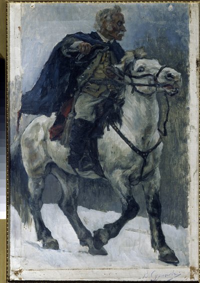 Aleksander Suworow (1729-1800) na koniu. (Aleksander Suworow na koniu). Rosyjski bohater jest opisywany, jak przemierza Alpy na czele wojsk rosyjskich podczas kampanii włoskiej (1799-1800). Obraz Wasilija Iwanowicza Surikova (Wasilij Surik autorstwa Vasilij Ivanovic Surikov