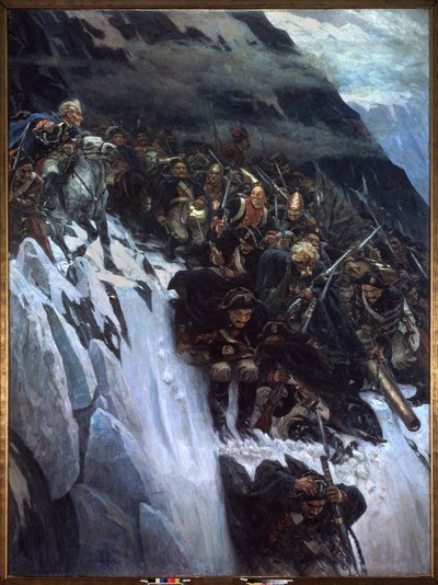 Kampania włoska (1799-1800): przemarsz Aleksandra Suworowa (Suwarow lub Souwarow Rimniski lub Rimnitskoi) (1729-1800) i wojsk rosyjskich przez Alpy w 1799 r. - Marsz Suworowa przez Alpy w 1799 r. - Obraz Wasilija Iwanowicza Surikowa autorstwa Vasilij Ivanovic Surikov