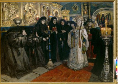 Wielka Księżna z wizytą w klasztorze. (Cariewna odwiedziła klasztor). Obraz Wasilija Iwanowicza Sourikowa (Wasilij Surikow lub Wasilij Surikow) (1848-1916), olej na płótnie autorstwa Vasilij Ivanovic Surikov