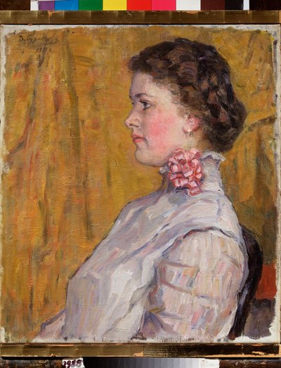 Portret kobiety na żółtym tle (Portret kobiety na żółtym tle) - Obraz Vasilli Ivanovich Surikov (Vasili Surikov lub Vassili Surikow) (1848-1916), olej na płótnie autorstwa Vasilij Ivanovic Surikov