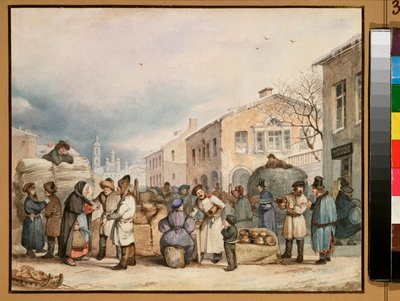 Rynek siana w Sankt Petersburgu - Praca Wasilija Iwanowicza Szternberga (1818-1845), akwarela na papierze autorstwa Vasily Ivanovich Sternberg
