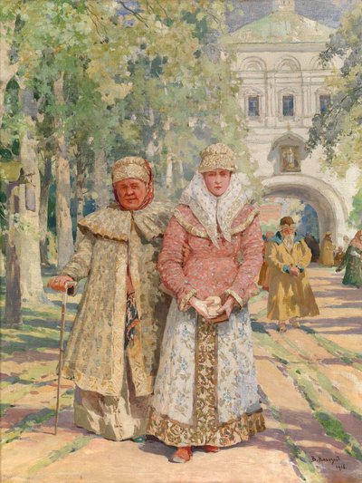 Poza bramą klasztorną - Obraz Wasilija Iwanowicza Nawozowa (1862-1919), olej na płótnie (49x41,5 cm) autorstwa Vasily Ivanovich Navozov