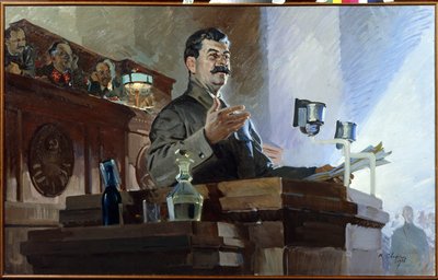 Józef Stalin (Stalin) (Joseph Vissarionovich Djougachvili dit) (1879-1953) redefiniuje konstytucję radziecką (konstytucję stalinowską) podczas VIII nadzwyczajnego zjazdu rad 5 grudnia 1936 roku. Widzimy Wiaczesława Mołotowa (1890-1986) na dr autorstwa Vasily Semyonovich Svarog