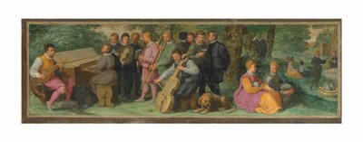 Koncert duszpasterski z eleganckimi postaciami grającymi na cytrze, klawikordzie, skrzypcach, kornecie, puzonie i wiolonczeli (olej na desce) autorstwa Venetian School