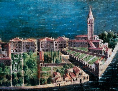 Ogród przy kościele Zbawiciela, fragment Wenecji z lotu ptaka, obraz szkoły weneckiej, Włochy autorstwa Venetian School