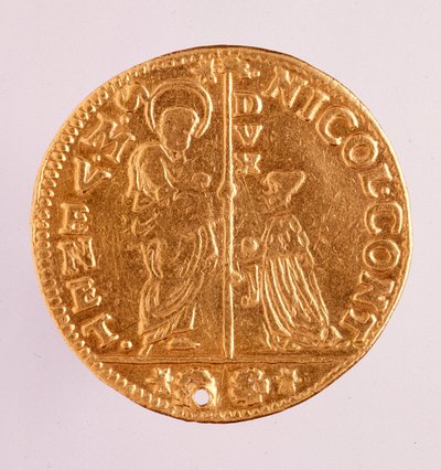 Złota moneta (zecchino lub cekin) z Republiki Weneckiej: panowanie doży Nicolo Contarini (1630-1631). Średnica 3,4 cm Rzym, narodowe muzeum terminu autorstwa Venetian School