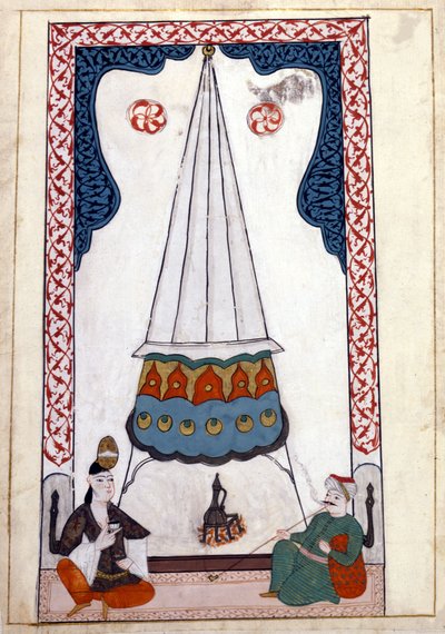 Widok wnętrza rezydencji w Turcji w okresie Imperium Osmańskiego. Miniatura z „Miejsc pamięci tureckich” (kodeks Cicogna 1971 „Memorie Turchesche”) Akwarela z XVII-wiecznej szkoły weneckiej. autorstwa Venetian School