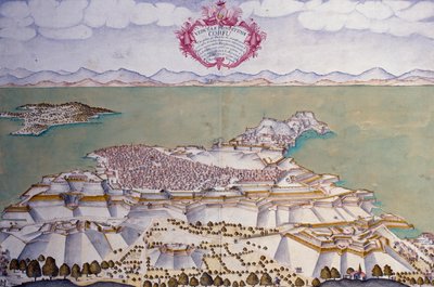 Plan miasta Korfu z fortyfikacjami, weneckie archiwum państwowe autorstwa Venetian School