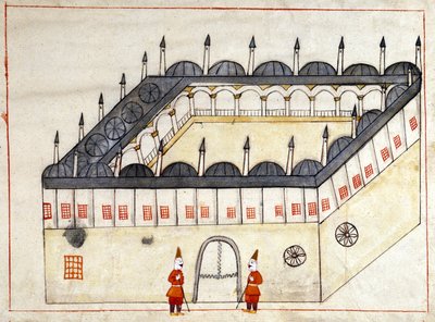 Widok z zewnątrz karawany w Andrynopolu (obecnie Edirne) w Turcji pod Imperium Osmańskim. Miniatura z „Miejsc pamięci tureckich” (kodeks Cicogna 1971 „Memorie Turchesche”) Akwarela z XVII-wiecznej szkoły weneckiej. autorstwa Venetian School