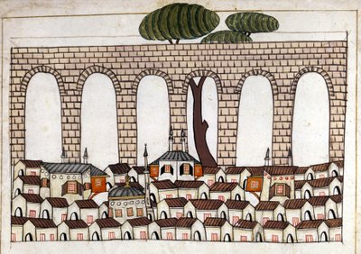 Widok na Konstantynopol i jego akwedukt. Miniatura z „Miejsc pamięci tureckich” (kodeks Cicogna 1971 „Memorie Turchesche”) Akwarela z XVII-wiecznej szkoły weneckiej. autorstwa Venetian School