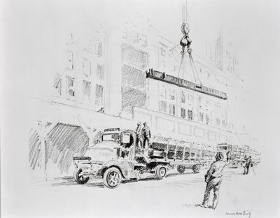Stalowa belka wyciągana z ciężarówki, do wykorzystania przy budowie Empire State Building, opublikowana przez Williama Edwina Rudge