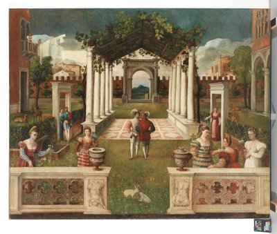 Klasyczny ogród architektoniczny z eleganckimi figurami, za nim górzysty krajobraz, ok. 1530 (olej na płótnie) autorstwa Veronese School