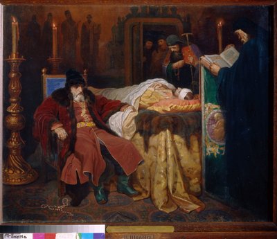 Iwan IV powiedział Groźny (1530-1584) i jego syn Iwan (1554-1581), piątek 16 listopada 1581 r. (Iwan Groźny i jego syn Iwan W piątek 16 listopada autorstwa Viatcheslav Grigorievitch Schwarz