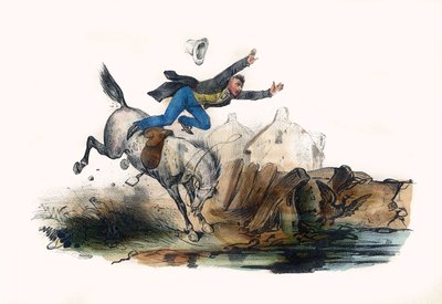 Jeździec upada w pośpiechu konia. W „Albumie Grotesque, Choices of Outstanding Types”, ilustracje Victor Adam, Paryż, ok. 1850 r. autorstwa Victor Adam