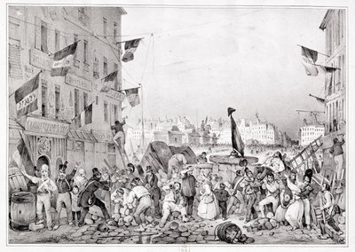 Barykada przy Rue Dauphine, 29 lipca 1830, grawerowana przez H. Delaporte autorstwa Victor Adam