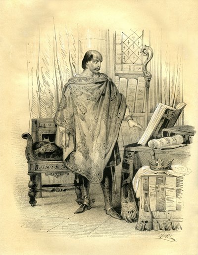 Karol 2 Łysy (823-877) król Akwitanii (838), król zachodniej Francji (840), król Lotaryngii i Burgundii (869), cesarz Zachodu (875). Rycina autorstwa Victora Adama (1801-1866) w książce "Francja w średniowieczu" wydanej przez Ardant Broth. autorstwa Victor Adam