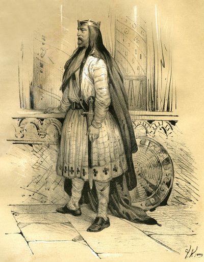 Klodion Włos, przywódca Franków salickich od około 428 r. do śmierci w 447 r., prawdopodobny przodek Merowingów. Grafika autorstwa Victora Adama (1801-1866) w książce "Francja w średniowieczu" opublikowanej przez braci Ardant w połowie 1 roku. autorstwa Victor Adam