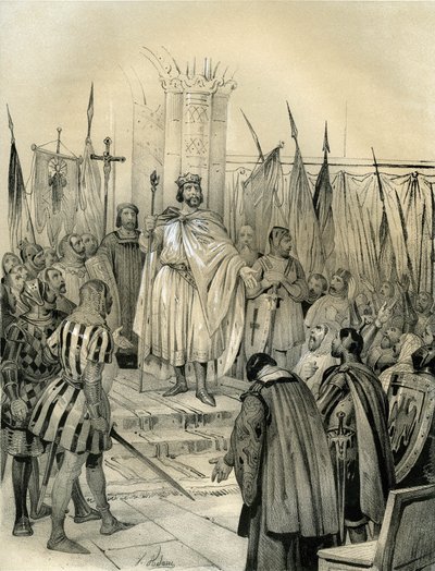 Koronacja Huguesa Capeta (941-996) w Noyon w 987 roku. Koronacja ta zapoczątkowała dynastię Kapetyngów, królów Francji, którzy odzyskali władzę, w bezpośredniej lub pośredniej sukcesji, na 8 lat. Grafika autorstwa Victora Adama (1801-1866) w książce "Franc autorstwa Victor Adam