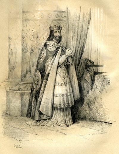 Dagobert 1. (w. 600-639) król Austrazji (623-629), król wszystkich Franków (629-634), król Neustrii i Burgundii (634-639). Regne Dagoberta 1. autorstwa Victor Adam