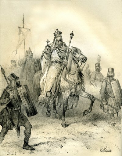 Cesarz Karol Wielki, noszący emblematy władzy, jedzie na czele swoich żołnierzy w zbrojach. Rycina autorstwa Victora Adama (1801-1866) w książce "Francja w średniowieczu" wydanej przez braci Ardant w połowie XIX wieku. autorstwa Victor Adam