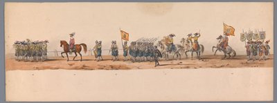 Procesja historyczna w stulecie Uniwersytetu Nauk Stosowanych w Utrechcie, 1836 (tablica 7) Podejście wojsk holenderskich do Ostendy, 3 lipca 1600, dzień po zwycięstwie pod Nieuwpoort; zgodnie z kostiumową reprezentacją podaną przez H H Student autorstwa Victor Adam