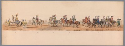 Procesja historyczna w stulecie Uniwersytetu Nauk Stosowanych w Utrechcie, 1836 (tablica 8) Podejście wojsk holenderskich do Ostendy, 3 lipca 1600, dzień po zwycięstwie pod Nieuwpoort; zgodnie z kostiumową reprezentacją podaną przez H H Student autorstwa Victor Adam