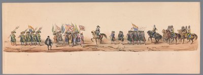 Procesja historyczna w stulecie Uniwersytetu Nauk Stosowanych w Utrechcie, 1836 (tablica 9) Podejście wojsk holenderskich do Ostendy, 3 lipca 1600, dzień po zwycięstwie pod Nieuwpoort; zgodnie z kostiumową reprezentacją podaną przez H H Student autorstwa Victor Adam
