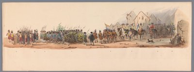 Procesja historyczna w stulecie Uniwersytetu Nauk Stosowanych w Utrechcie, 1836 (tablica 10) Podejście wojsk holenderskich do Ostendy, 3 lipca 1600, dzień po zwycięstwie pod Nieuwpoort; zgodnie z kostiumową prezentacją, podaną przez H H Studen autorstwa Victor Adam