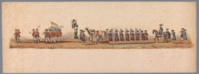 Procesja historyczna w stulecie Uniwersytetu Nauk Stosowanych w Utrechcie, 1836 (tablica 3) Podejście wojsk holenderskich do Ostendy, 3 lipca 1600, dzień po zwycięstwie pod Nieuwpoort; zgodnie z kostiumową reprezentacją podaną przez H H Student autorstwa Victor Adam