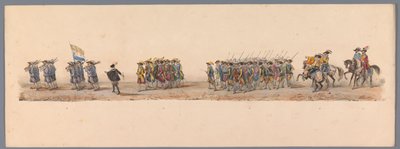 Procesja historyczna w stulecie Uniwersytetu Nauk Stosowanych w Utrechcie, 1836 (tablica 4) Podejście wojsk holenderskich do Ostendy, 3 lipca 1600, dzień po zwycięstwie pod Nieuwpoort; zgodnie z kostiumową reprezentacją podaną przez H H Student autorstwa Victor Adam
