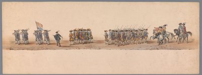 Procesja historyczna w stulecie Uniwersytetu Nauk Stosowanych w Utrechcie, 1836 (tablica 4) Podejście wojsk holenderskich do Ostendy, 3 lipca 1600, dzień po zwycięstwie pod Nieuwpoort; zgodnie z kostiumową reprezentacją podaną przez H H Student autorstwa Victor Adam