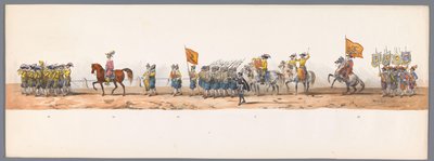 Procesja historyczna w stulecie Uniwersytetu Nauk Stosowanych w Utrechcie, 1836 (tablica 7) Podejście wojsk holenderskich do Ostendy, 3 lipca 1600, dzień po zwycięstwie pod Nieuwpoort; zgodnie z kostiumową reprezentacją podaną przez H H Student autorstwa Victor Adam