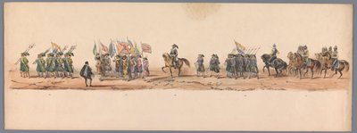 Procesja historyczna w stulecie Uniwersytetu Nauk Stosowanych w Utrechcie, 1836 (tablica 9) Podejście wojsk holenderskich do Ostendy, 3 lipca 1600, dzień po zwycięstwie pod Nieuwpoort; zgodnie z kostiumową reprezentacją podaną przez H H Student autorstwa Victor Adam