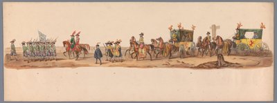 Procesja historyczna w stulecie Uniwersytetu Nauk Stosowanych w Utrechcie, 1836 (tablica 6) Podejście wojsk holenderskich do Ostendy, 3 lipca 1600, dzień po zwycięstwie pod Nieuwpoort; zgodnie z kostiumową reprezentacją podaną przez H H Student autorstwa Victor Adam