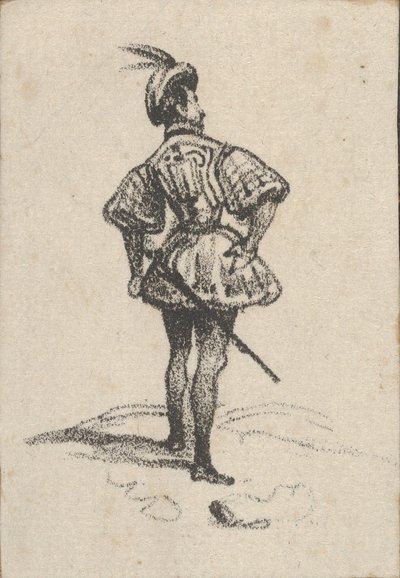 Mężczyzna z mieczem i kapeluszem z piórami, oglądany od tyłu, połowa XIX wieku. autorstwa Victor Adam