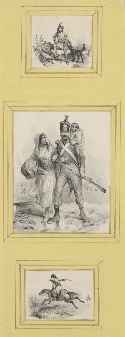 Soldaten und ein Highlander (3 Drucke unterschiedlicher Größe auf ein gelbes Blatt geklebt) autorstwa Victor Adam