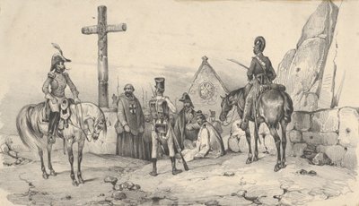 Żołnierze zebrani przed kościołem z księżmi i krucyfiksem, połowa XIX wieku. autorstwa Victor Adam