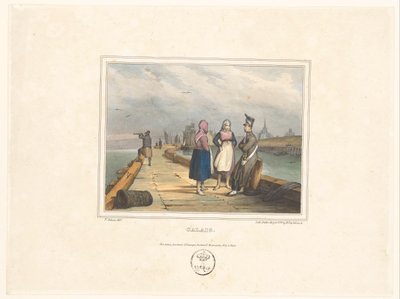 Dwie dziewczyny i żołnierz na lądowisku w Calais Calais (tytuł na obiekcie) Stroje mieszkańców miast portowych (tytuł serii) Costumes de marins, projekty dans les ports (tytuł serii) autorstwa Victor Adam