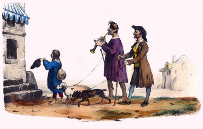 Dwoje niewidomych prowadzonych przez psy i żebraczka. W „Albumie Grotesque, Choices of Outstanding Types”, ilustracje Victor Adam, Paryż, ok. 1850 r. autorstwa Victor Adam