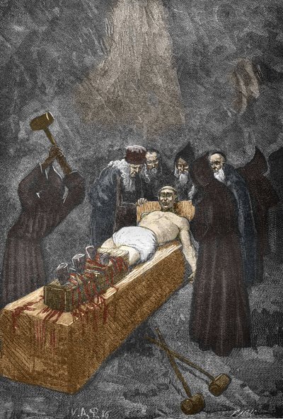 Sprawa opętanych z Loudun (demonów de Loudun) około 1630: polowanie na czarownice, francuski ksiądz Urbain Grandier (1590-1634), który rzekomo zawarł pakt z diabłem i oskarża o omamianie zakonnic, jest torturą do haftu - (Urbain Grandier, francuski autorstwa Victor Armand Poirson